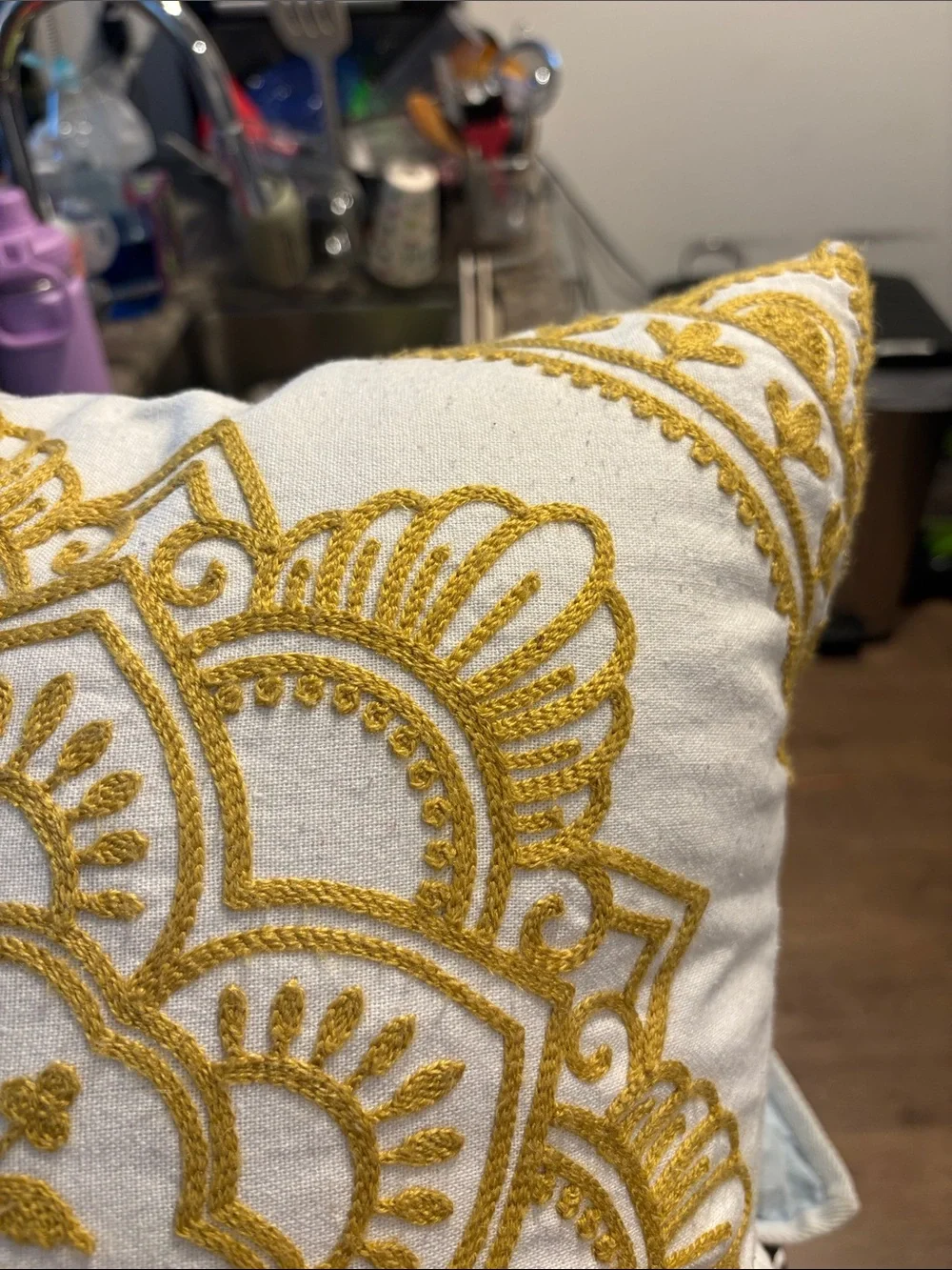 Macy's White and Gold Embroidered Medallion Accent Pillow
